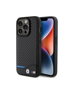 Etui Do iPhone 15 Pro BMW Leather Carbon Blue Line MagSafe Czarny