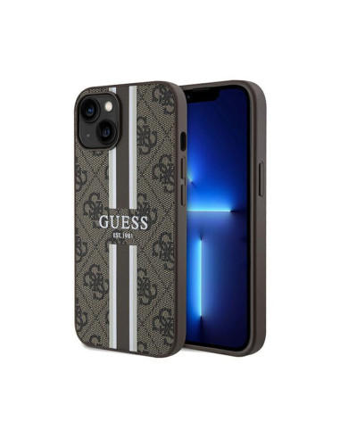 Etui Do iPhone 15 Guess 4G Printed Stripes MagSafe Brązowy