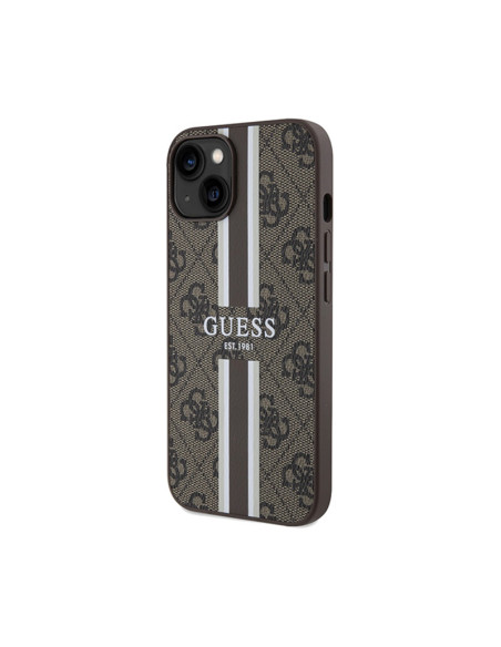 Etui Do iPhone 15 Guess 4G Printed Stripes MagSafe Brązowy
