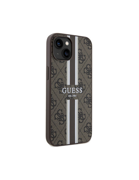 Etui Do iPhone 15 Guess 4G Printed Stripes MagSafe Brązowy