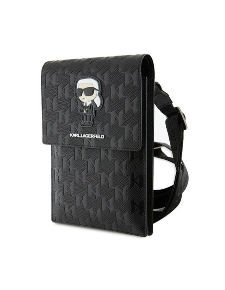 Torebka crossbody na telefon Karl Lagerfeld Saffiano Monogram Ikonik Czarny