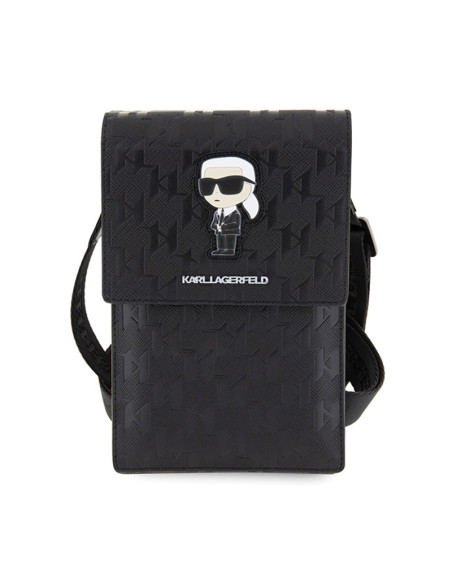 Torebka crossbody na telefon Karl Lagerfeld Saffiano Monogram Ikonik Czarny
