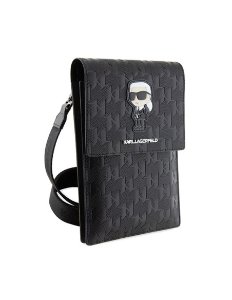 Torebka crossbody na telefon Karl Lagerfeld Saffiano Monogram Ikonik Czarny