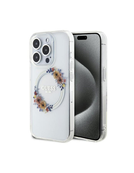 Etui Do iPhone 15 Pro Max Guess IML Flowers Wreath MagSafe Przezroczysty
