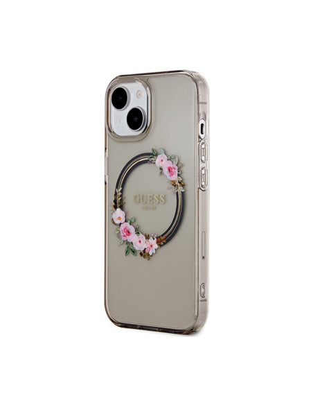 Etui Do iPhone 15 Guess IML Flowers Wreath MagSafe Czarny