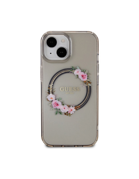 Etui Do iPhone 15 Guess IML Flowers Wreath MagSafe Czarny