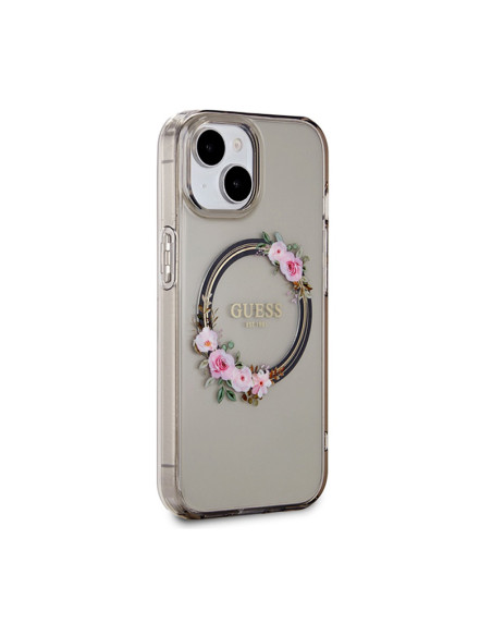 Etui Do iPhone 15 Guess IML Flowers Wreath MagSafe Czarny
