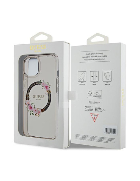 Etui Do iPhone 15 Guess IML Flowers Wreath MagSafe Czarny