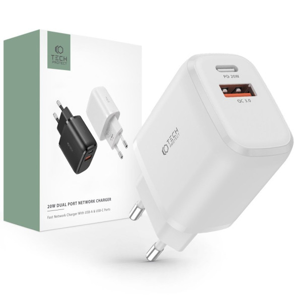 Ładowarka Sieciowa Tech-Protect C20 W 2 - Porty PD20 W / QC3.0 Biały