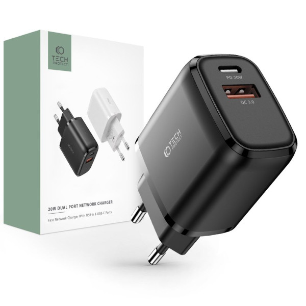 Ładowarka Sieciowa Tech-Protect C20 W 2 - Porty PD20 W / QC3.0 Czarny
