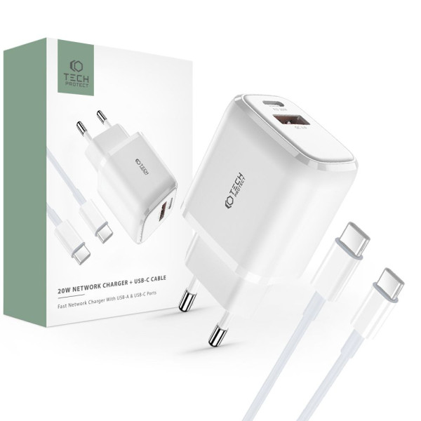 Ładowarka Sieciowa + Kabel Typ-C Tech-Protect C20 W 2 - Porty PD20 W / QC3.0 Biały