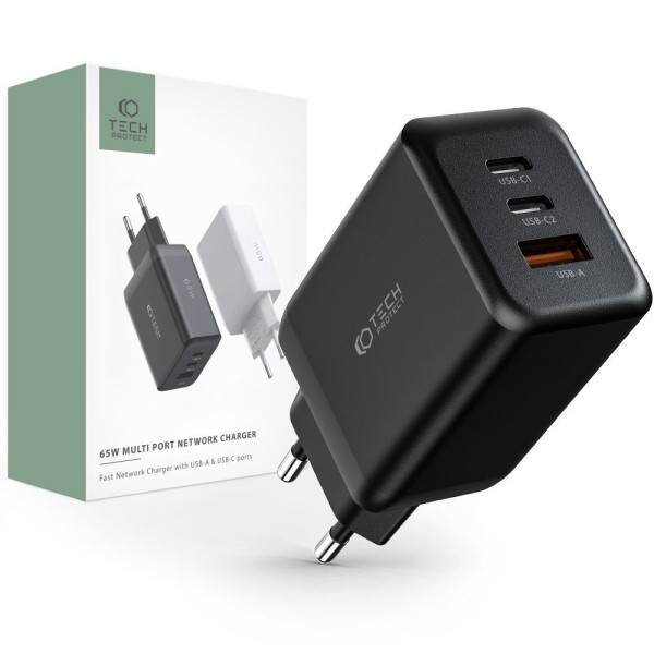 Ładowarka Sieciowa Tech-Protect C65W 3 - Porty PD65W / QC3.0 Czarny