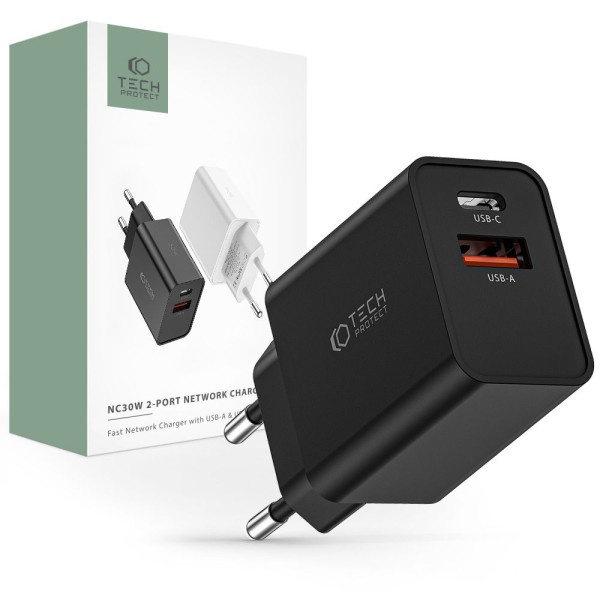 Ładowarka Sieciowa Tech-Protect NC30 W 2 - Porty PD30W / QC3.0 Czarny