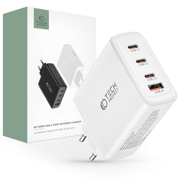Ładowarka Sieciowa Tech-Protect NC100W-Gan 4 - Porty PD100W / QC3.0 Biały