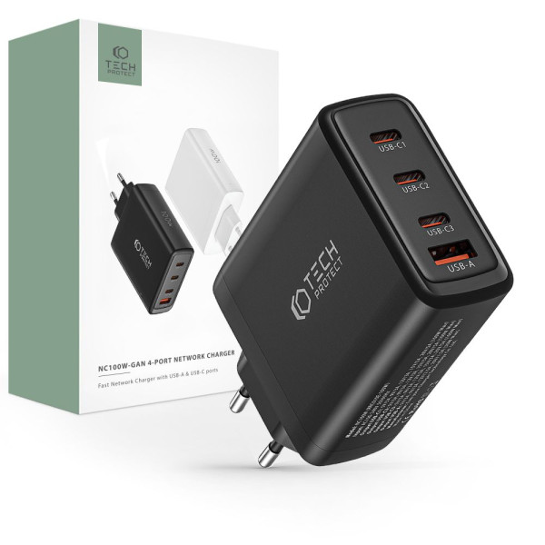 Ładowarka Sieciowa Tech-Protect NC100W-Gan 4 - Porty PD100W / QC3.0 Czarny