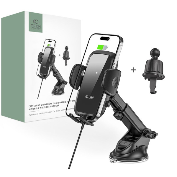 Uchwyt Samochodowy Na Telefon Z Ładowarką Indukcyjną Tech-Protect cm15 W-V1 Czarny