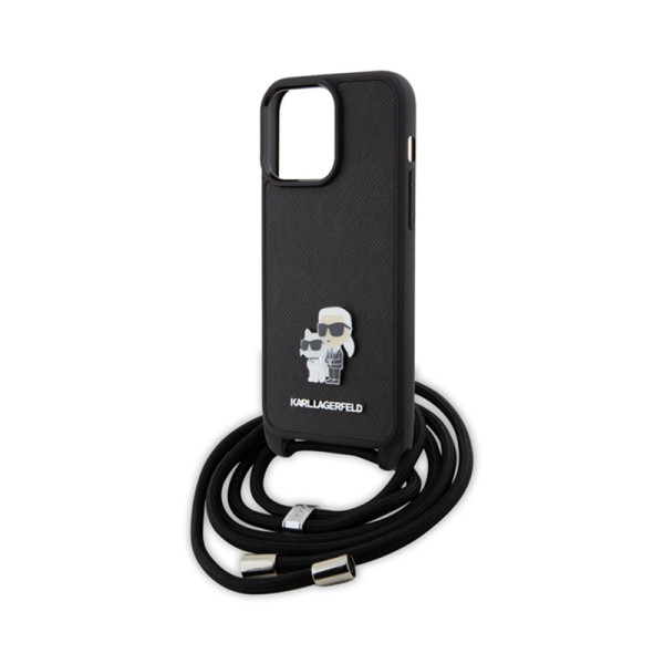 Etui Do iPhone 15 Pro Max Karl Lagerfeld Crossbody Saffiano Metal Pin Karl & Choupette Czarny