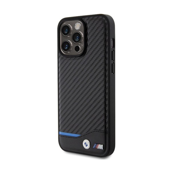 Etui Do iPhone 15 Pro Max BMW Leather Carbon Blue Line Czarny