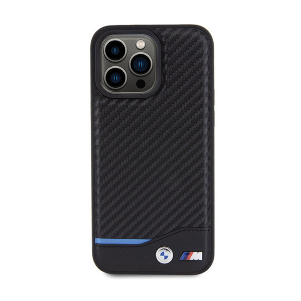 Etui Do iPhone 15 Pro Max BMW Leather Carbon Blue Line Czarny