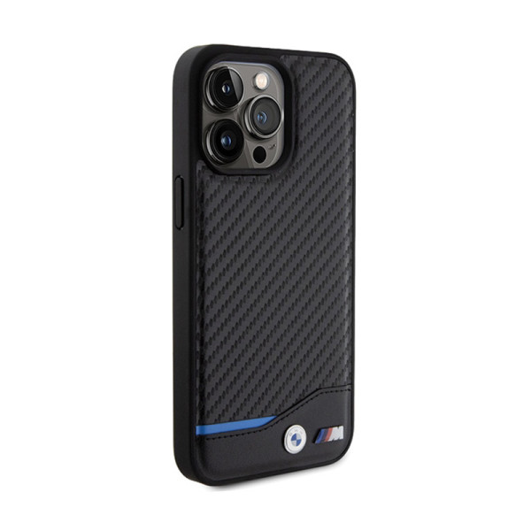 Etui Do iPhone 15 Pro Max BMW Leather Carbon Blue Line Czarny