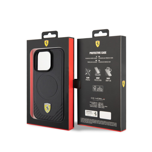 Etui Do iPhone 15 Pro Ferrari Carbon Metal Logo MagSafe Czarny