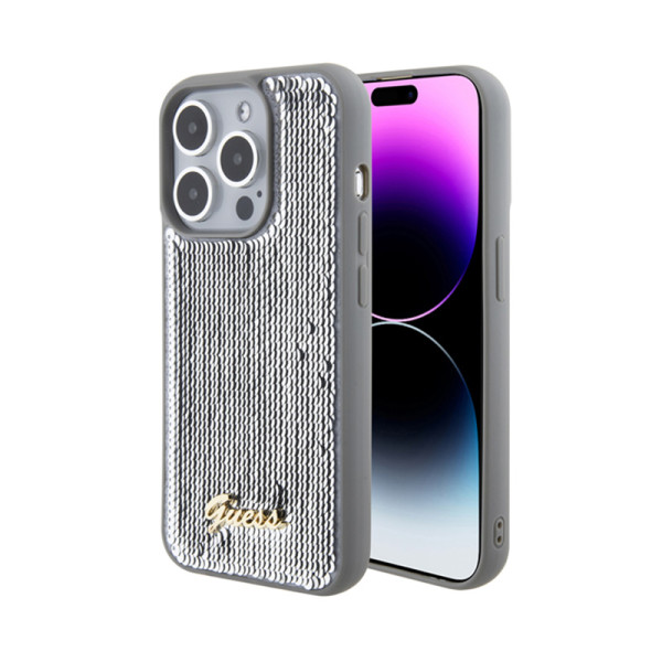 Etui Do iPhone 15 Pro Guess Sequin Script Metal Srebrny