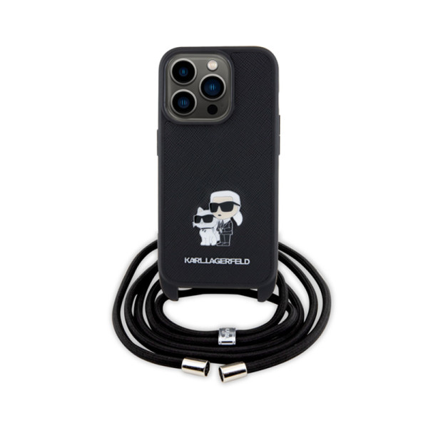 Etui Do iPhone 15 Pro Karl Lagerfeld Crossbody Saffiano Metal Pin Karl & Choupette Czarny