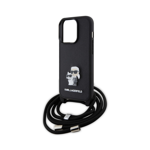 Etui Do iPhone 15 Pro Karl Lagerfeld Crossbody Saffiano Metal Pin Karl & Choupette Czarny