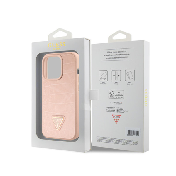 Etui Do iPhone 15 Pro Guess Croco Triangle Metal Logo Różowy