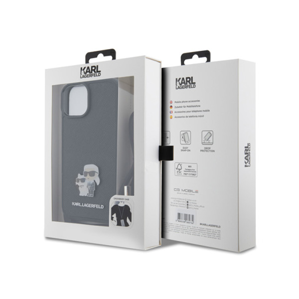 Etui Do iPhone 15 Plus Karl Lagerfeld Crossbody Saffiano Metal Pin Karl & Choupette Czarny