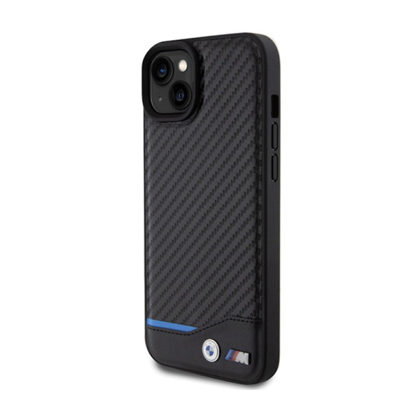 Etui Do iPhone 15 Plus BMW Leather Carbon Blue Line Czarny