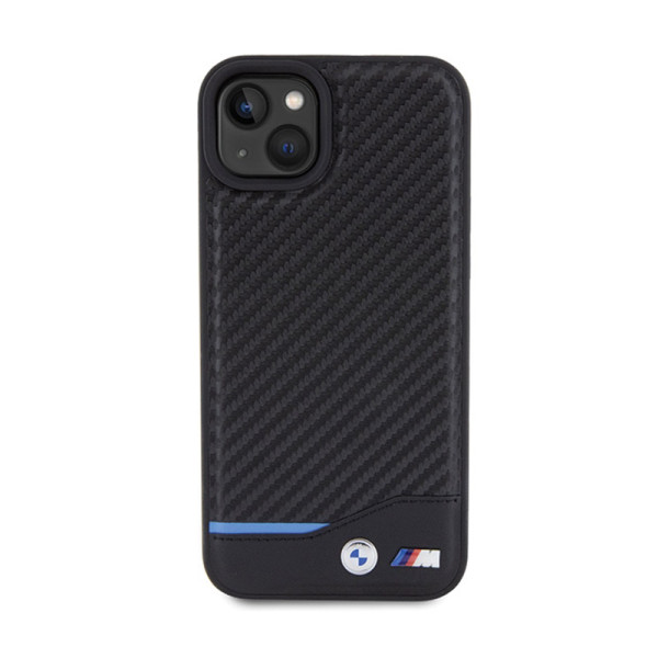 Etui Do iPhone 15 Plus BMW Leather Carbon Blue Line Czarny