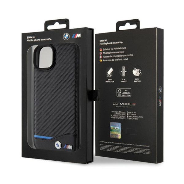 Etui Do iPhone 15 Plus BMW Leather Carbon Blue Line Czarny