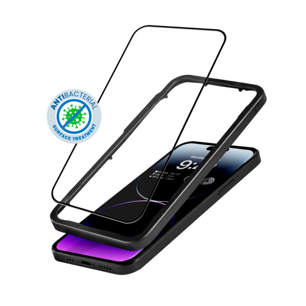 Szkło Hartowane 9H Na Cały Ekran iPhone 14 Pro Max + Ramka Instalacyjna Crong Anti-Bacterial 3D Armour Glass