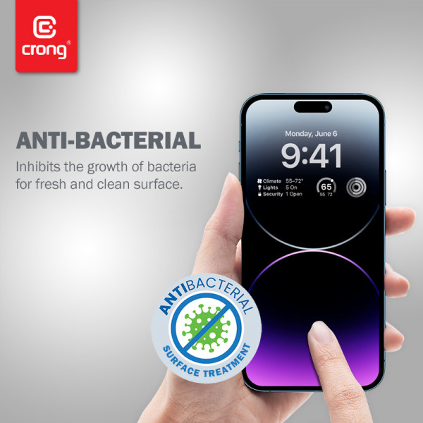 Szkło Hartowane 9H Na Cały Ekran iPhone 14 Pro Max + Ramka Instalacyjna Crong Anti-Bacterial 3D Armour Glass