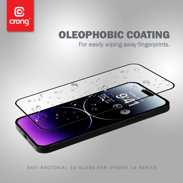 Szkło Hartowane 9H Na Cały Ekran iPhone 14 Pro Max + Ramka Instalacyjna Crong Anti-Bacterial 3D Armour Glass