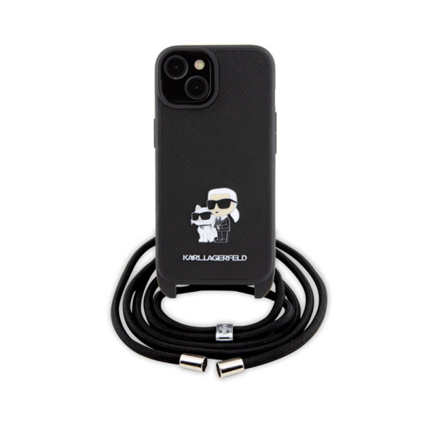 Etui Do iPhone 15 Karl Lagerfeld Crossbody Saffiano Metal Pin Karl & Choupette Czarny