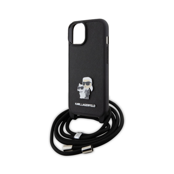 Etui Do iPhone 15 Karl Lagerfeld Crossbody Saffiano Metal Pin Karl & Choupette Czarny