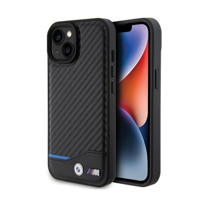 Etui Do iPhone 15 BMW Leather Carbon Blue Line Czarny