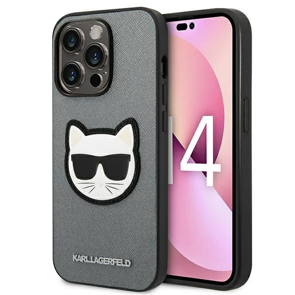 Etui Do iPhone 14 Pro Max Karl Lagerfeld Saffiano Choupette Head Patch Case Srebrny