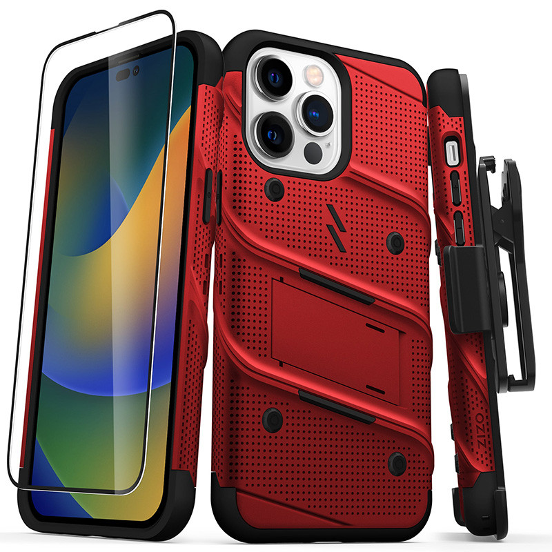 Etui Pancerne Do iPhone 14 Pro Max Ze Szkłem 9H Na Ekran + Uchwyt Z Podstawką Zizo Bolt Series Czerwony