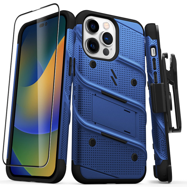 Etui Pancerne Do iPhone 14 Pro Max Ze Szkłem 9H Na Ekran + Uchwyt Z Podstawką Zizo Bolt Series Niebieski