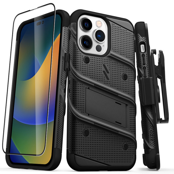 Etui Pancerne Do iPhone 14 Pro Max Ze Szkłem 9H Na Ekran + Uchwyt Z Podstawką Zizo Bolt Series Czarny