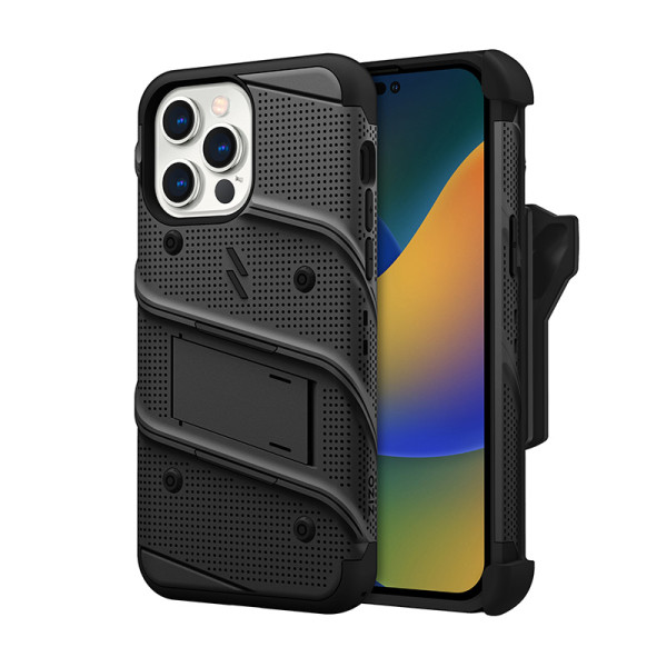 Etui Pancerne Do iPhone 14 Pro Max Ze Szkłem 9H Na Ekran + Uchwyt Z Podstawką Zizo Bolt Series Czarny
