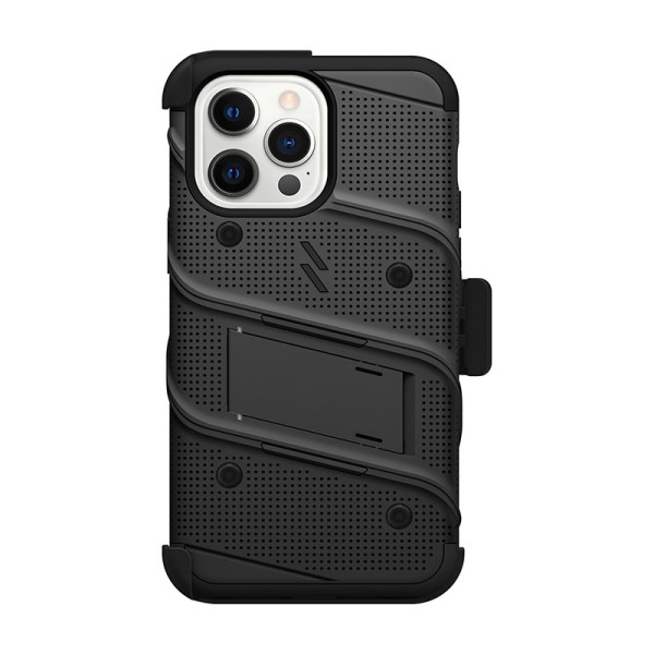Etui Pancerne Do iPhone 14 Pro Max Ze Szkłem 9H Na Ekran + Uchwyt Z Podstawką Zizo Bolt Series Czarny