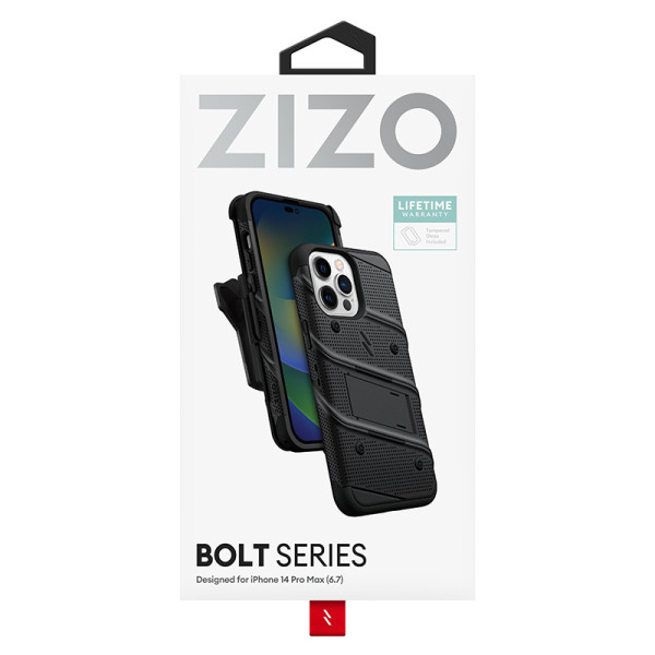 Etui Pancerne Do iPhone 14 Pro Max Ze Szkłem 9H Na Ekran + Uchwyt Z Podstawką Zizo Bolt Series Czarny