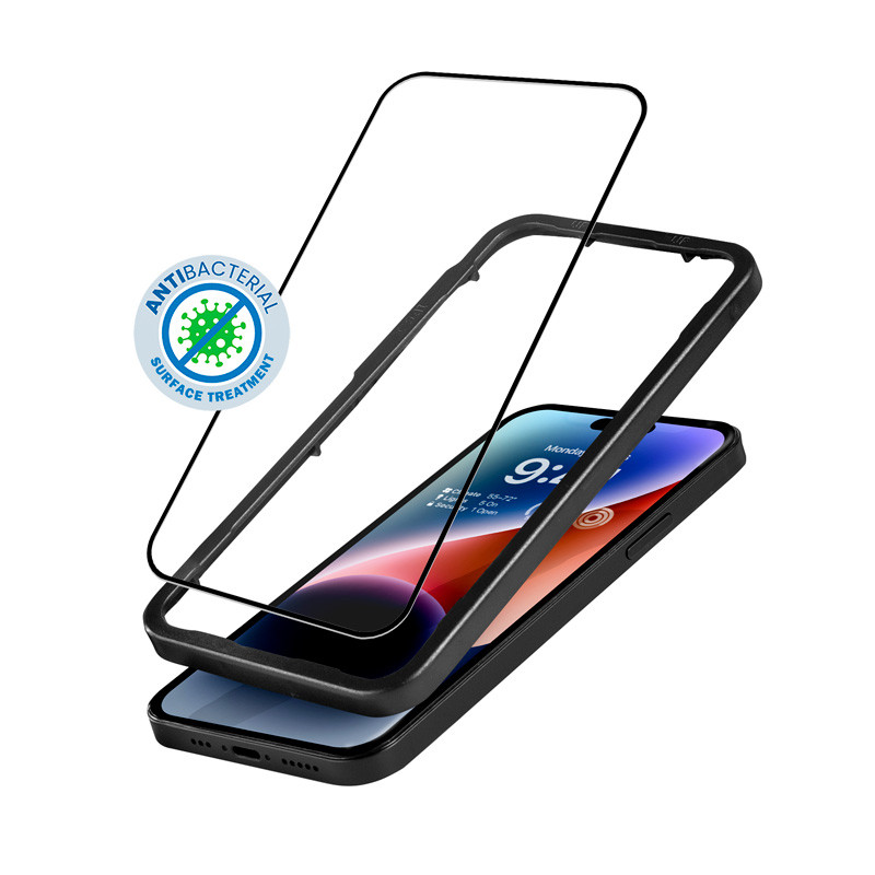 Szkło Hartowane 9H Na Cały Ekran iPhone 14 Pro + Ramka Instalacyjna Crong Anti-Bacterial 3D Armour Glass