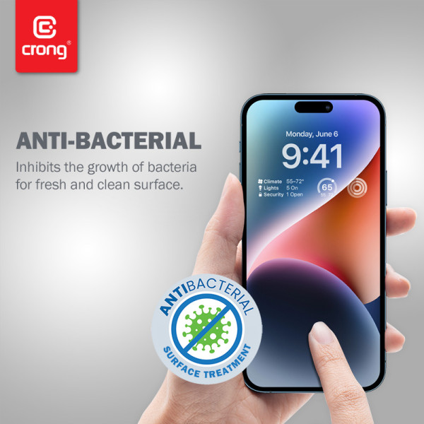 Szkło Hartowane 9H Na Cały Ekran iPhone 14 Pro + Ramka Instalacyjna Crong Anti-Bacterial 3D Armour Glass
