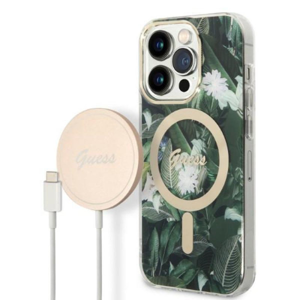 Zestaw Etui + Ładowarka MagSafe Do iPhone 14 Pro Max Guess Bundle Pack MagSafe Iml Jungle Zielony