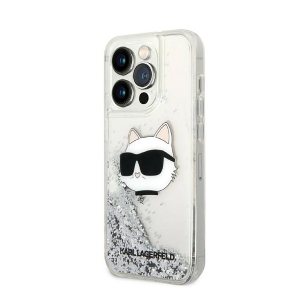 Etui Do iPhone 14 Pro Max Karl Lagerfeld Liquid Glitter NFT Choupette Head Srebrny